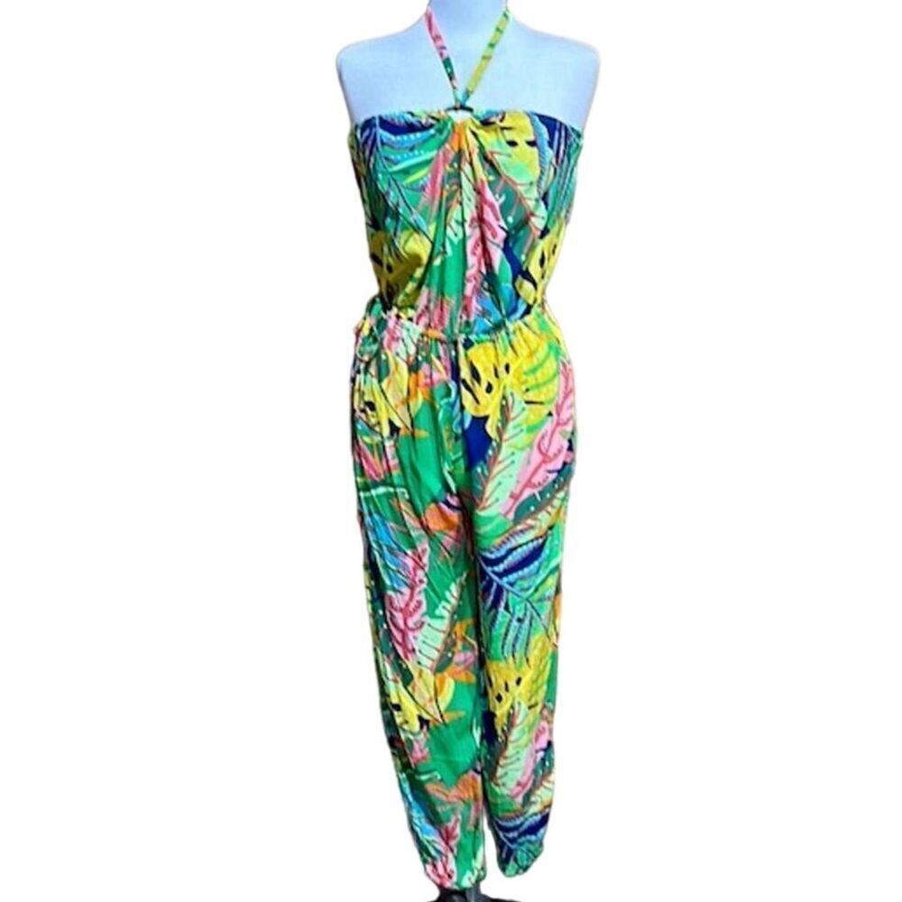Olivaceous Women's Strapless Leaf Print Jogger Jumpsuit Size Large - NWT